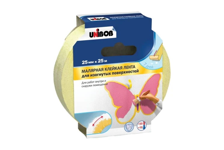 Малярная лента UNIBOB для окон желтая 25 мм х 25 м